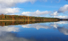 Spiegelglatte Wasseroberfläche vom Stechlinsee im Herbst