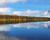 Spiegelglatte Wasseroberfläche vom Stechlinsee im Herbst