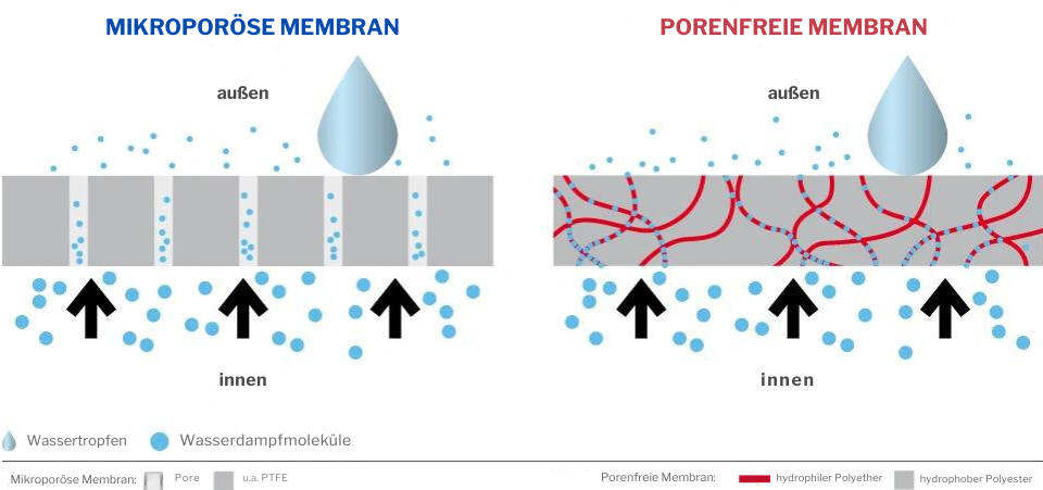 Gegenüberstellung des Prinzips von mikroporöser und porenfreier Membran